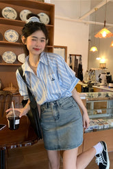 Short Sleeve Vertical Striped Blouse Shirts